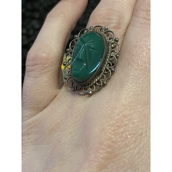 Mexico Sterling Silver Carved Green Onyx Aztec Mayan Face Ring🌵Size 6 - Picture 2 of 8